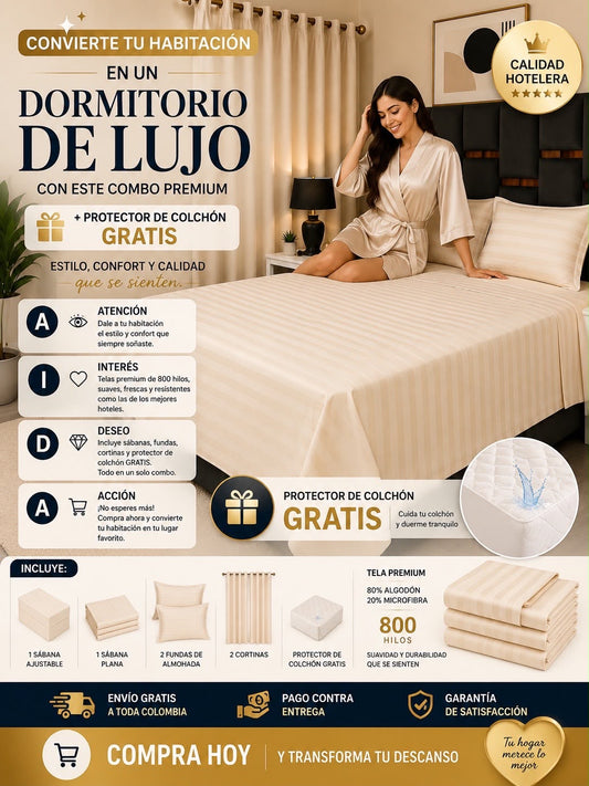 ✨ Convierte tu habitación en un dormitorio de lujo con este Combo Premium + Protector GRATIS