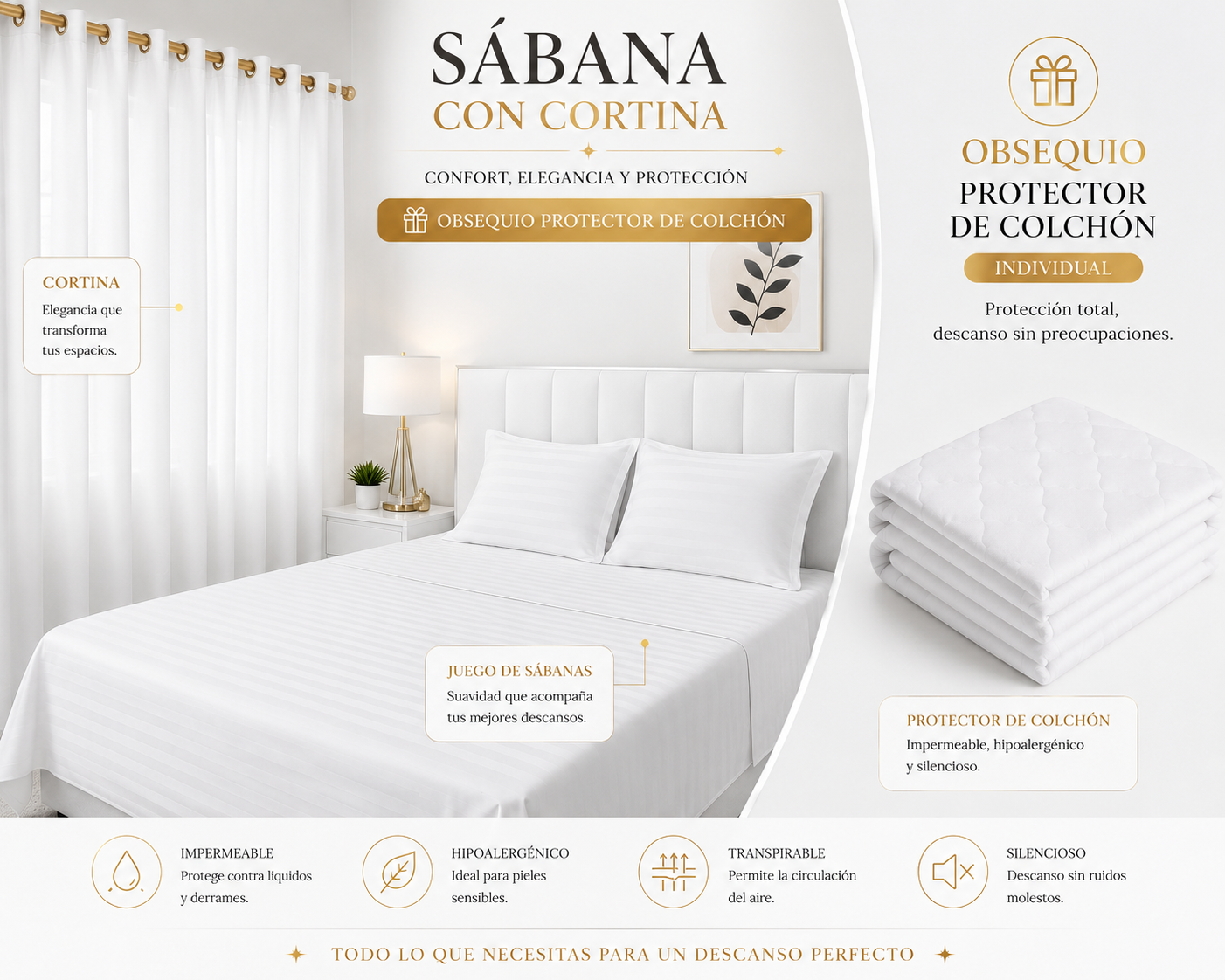 ✨ Convierte tu habitación en un dormitorio de lujo con este Combo Premium + Protector GRATIS