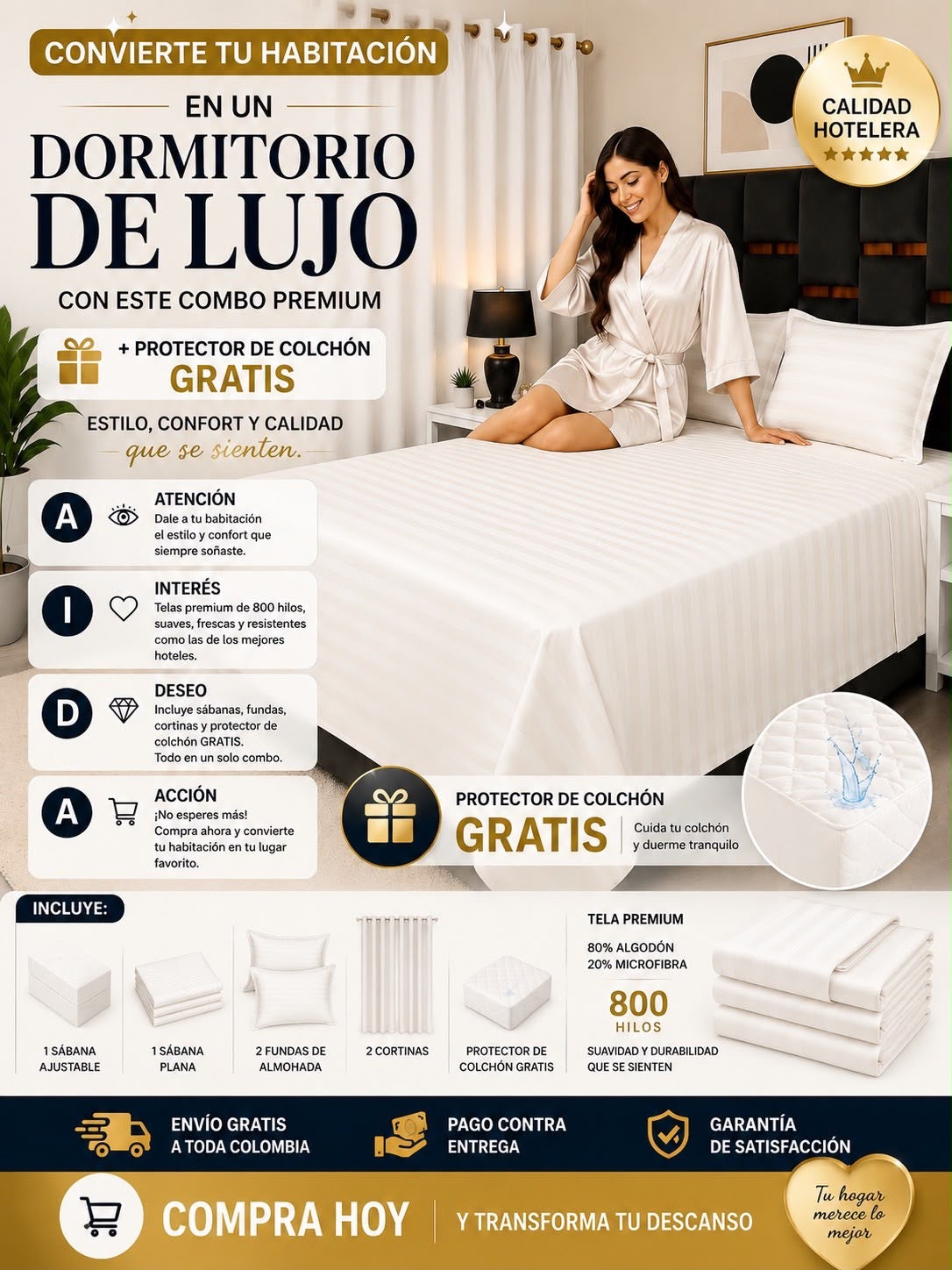 ✨ Convierte tu habitación en un dormitorio de lujo con este Combo Premium + Protector GRATIS