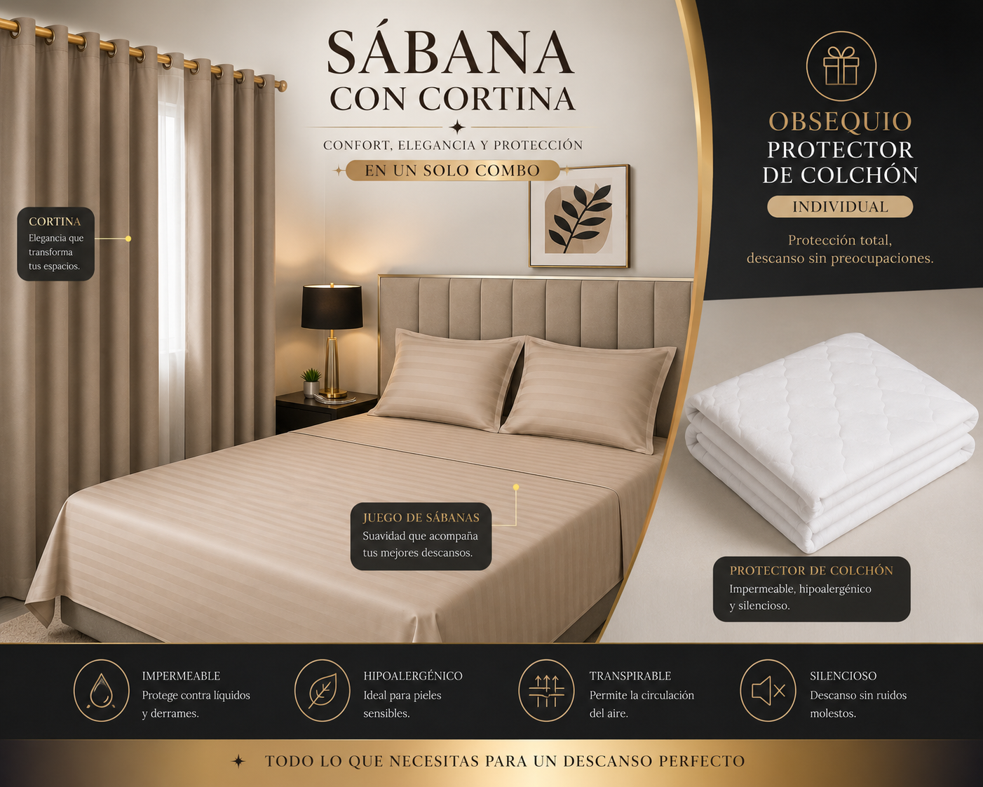 ✨ Convierte tu habitación en un dormitorio de lujo con este Combo Premium + Protector GRATIS