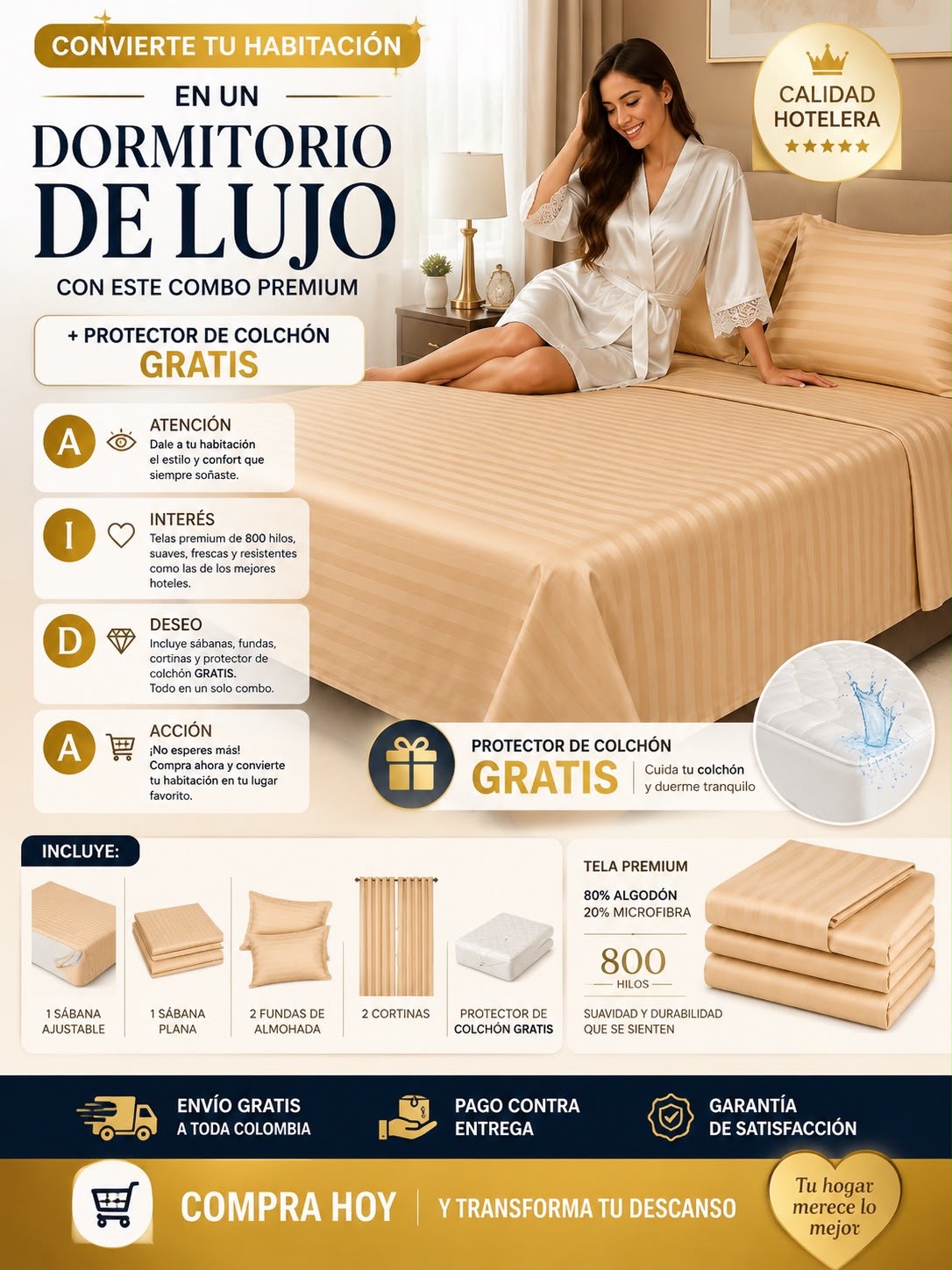 ✨ Convierte tu habitación en un dormitorio de lujo con este Combo Premium + Protector GRATIS